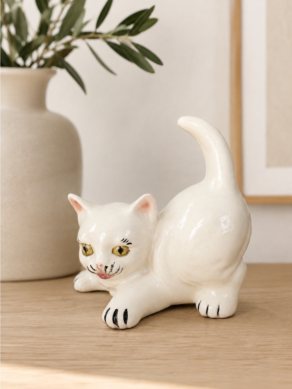 Vintage White Ceramic Cat Figurine Gold Eyes Raised Tail